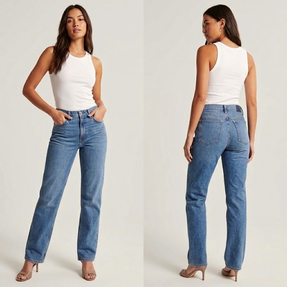 Abercrombie & Fitch The 90s Straight Mid Rise Jeans Blue Medium Wash 32x28 Short